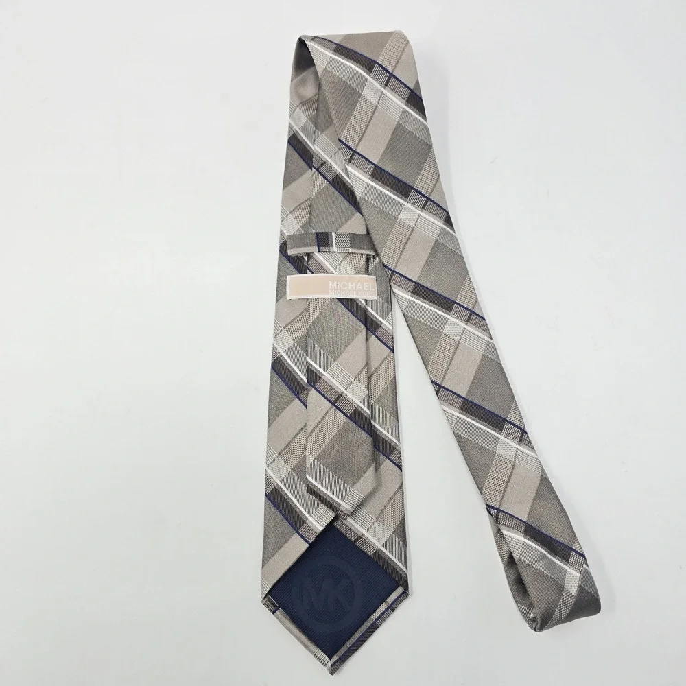 Michael Kors Mens Grey Plaid Silk Necktie Blue Accent Textured Formal Tie